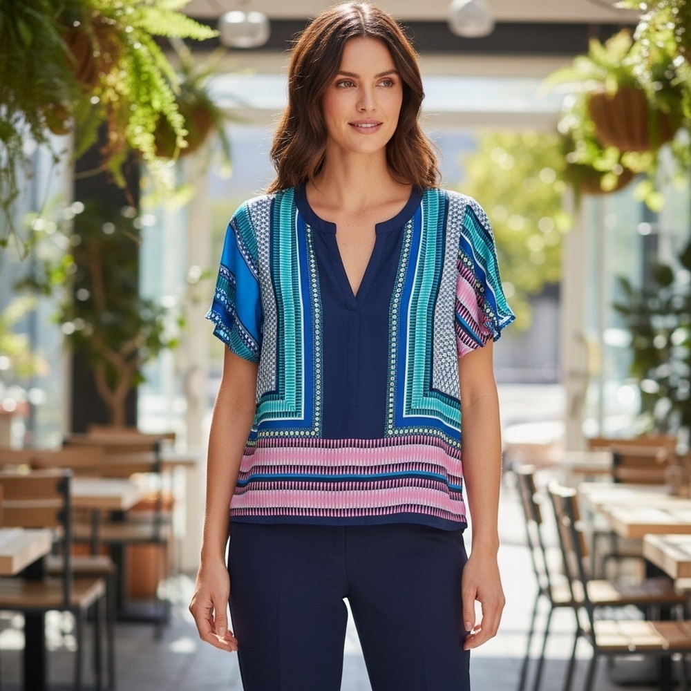 NWT Scarf Print Short-Sleeve Blouse by Fun 2 Fun navy pink teal satin Stitchfix